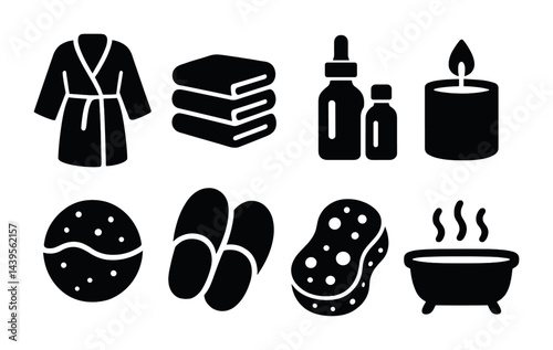 Spa and relaxation solid icons set – silhouette style wellness, self-care, and beauty symbols: bathrobe, towels, oils, candle, sponge, slippers, bathtub