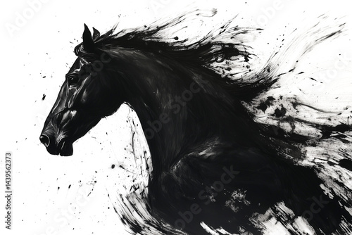 Horse head. Black horse in a dynamic pose. Traditional Chinese ink painting on white background. Year of the horse, symbol of the 2026 year.