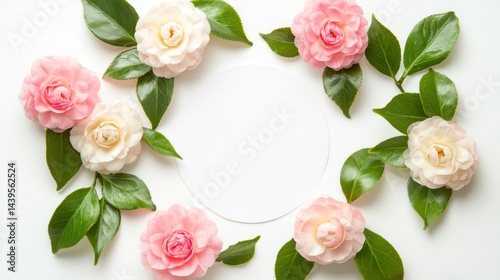 Delicate camellia blossoms, circle frame on white background.  Possible use invitation, greeting card design photo
