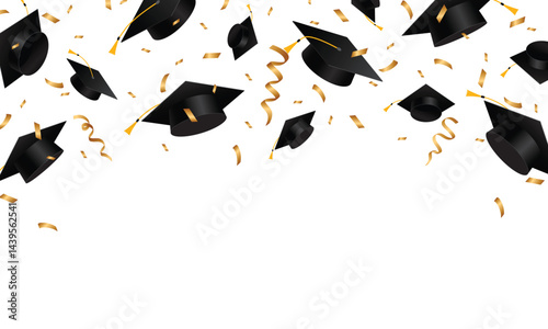 Graduation caps confetti. Flying graduation hats with gold ribbons on white background. School, college education background. Vector illustration