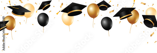 Graduation hats background. Graduation caps, balloons and gold ribbons decoration elements. School, college and university celebration design. Vector illustration