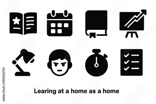 Education and learning solid icons set – filled style for study, homeschooling, and online classes: book, calendar, notebook, chart, desk lamp, student, timer, checklist.