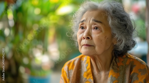 Pensive elderly Asian woman sitting outdoors in a garden, looking thoughtful