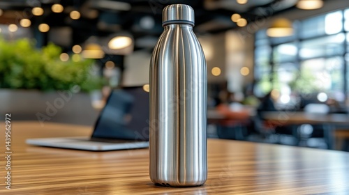 Metal bottle on wooden table in bright room