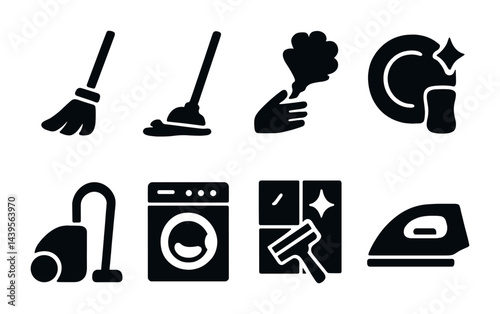 Household cleaning solid icons set – flat style cleaning, housework, and maintenance symbols for home care: broom, plunger, dusting, dishwashing, vacuum, washing machine, window cleaning, iron.