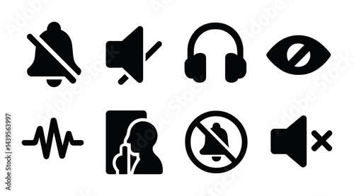 Sound and silence solid icons set – filled style for audio management and notification control: bell off, mute, headphones, eye with line, sound wave, do not disturb