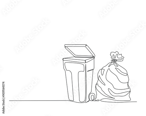 Trash can and plastic bag outline drawing vector illustration. one continuous line drawing of trash can with plastic trash.