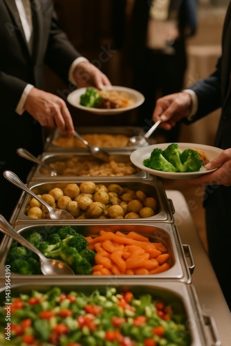 A well-lit close-up of a lavish buffet spread with colorful vegetables, tenderly roasted potatoes, and a variety of side dishes like steamed broccoli, glazed carrots, and fresh salad.