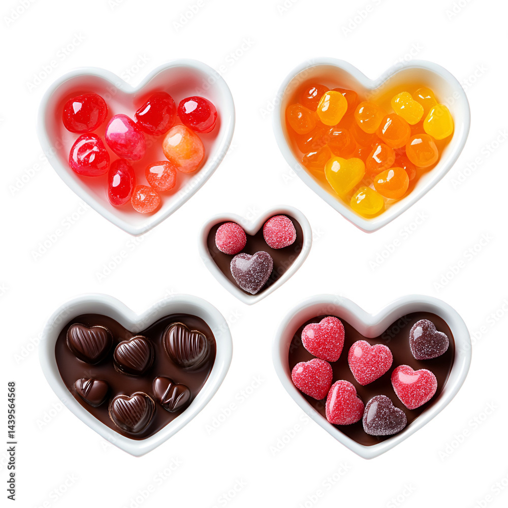Obraz premium Heart shaped bowls filled with chocolates and candies Valentine's Day treats,
