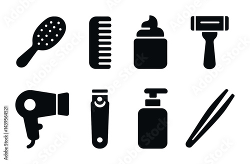 Barber and grooming solid icons set – flat style hair care, beauty, and salon essentials for personal grooming: hairbrush, comb, shampoo, razor, hairdryer, clippers, lotion, tweezers.