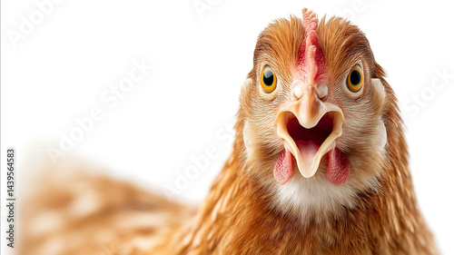 Closeup of a funny hen with big eyes and open mouth isolated on white background highresolution ultrahigh quality Depth Sharpness no logos bright lighting
