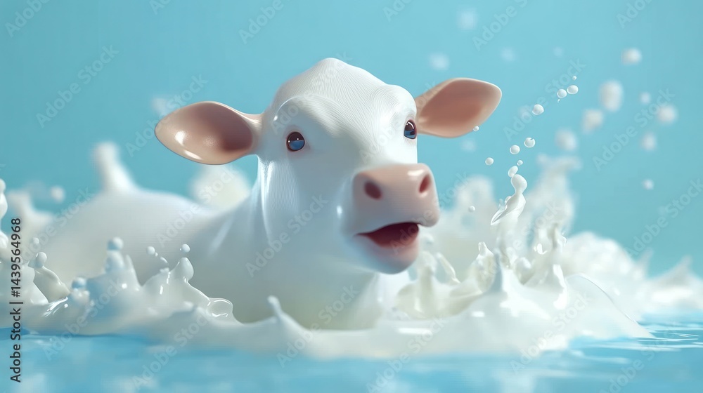 Fototapeta premium Calf splashing in milk, blue background, dairy ad