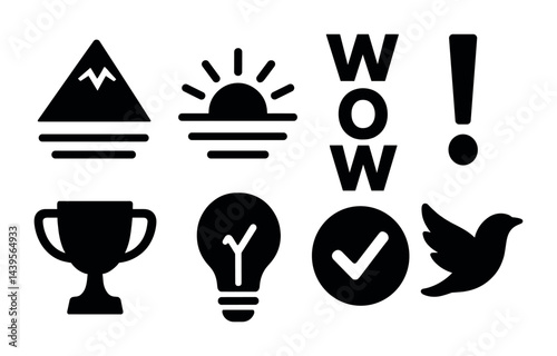 Inspirational icons set featuring sunrise, trophy, mountain, light bulb, bird, and enthusiastic symbols