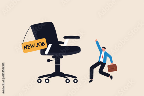 New job offer or new career opportunity, employment and recruitment, promoted to new position or hiring staff for vacancy concept, happy cheerful businessman greeting with his new job office chair.