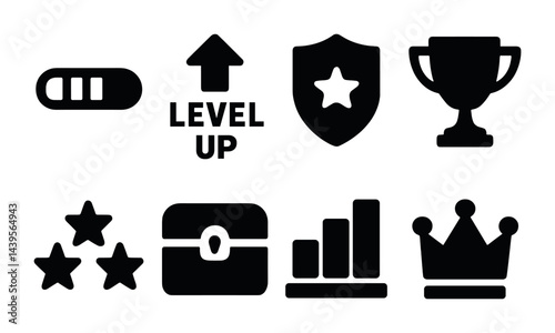 Gaming achievement icons set - solid style gamification, rewards, and level-up symbols for game design: badge, trophy, level up, stars, shield, crown, box, chart