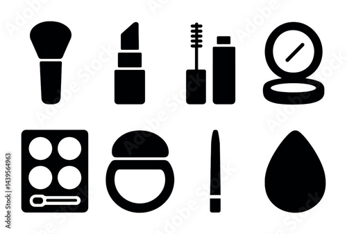 Cosmetic and beauty silhouette icons set – filled style makeup, skincare, and glamour symbols for fashion brands: brush, lipstick, mascara, mirror, palette, blush, eyeliner, sponge