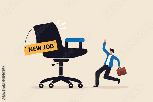 New job offer or new career opportunity, employment and recruitment, promoted to new position or hiring staff for vacancy concept, happy cheerful businessman greeting with his new job office chair.