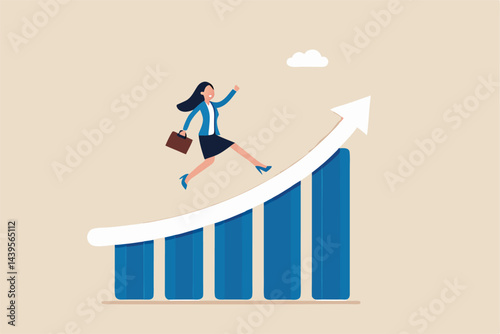Work improvement, career growth or performance to achieve success, progress or career advancement concept, businesswoman running up rising arrow on performance improvement bar graph.
