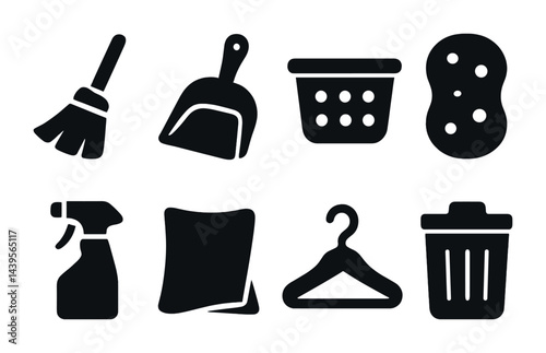 Cleaning tools silhouette icon set - solid style home, kitchen, and office sanitation symbols: mop, dustpan, laundry basket, sponge, spray bottle, cloth, hanger, trash bin.