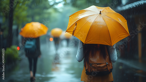 Wallpaper Mural Rainy Day Stroll: A lone person with a backpack walks under a bright yellow umbrella in the rain, other people with yellow umbrellas in the background. The atmosphere is calm and serene. Torontodigital.ca