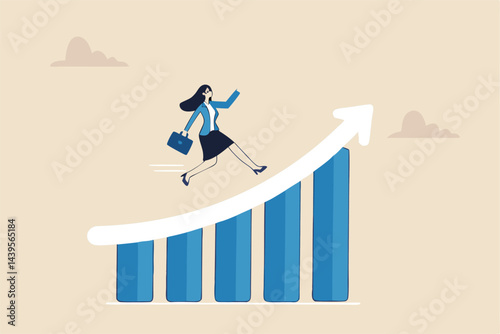 Work improvement, career growth or performance to achieve success, progress or career advancement concept, businesswoman running up rising arrow on performance improvement bar graph.