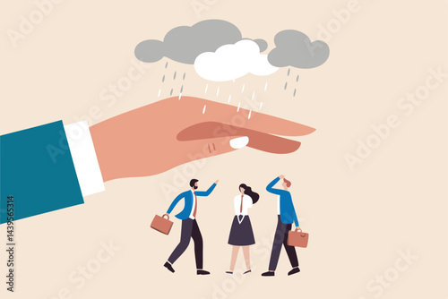 Employee care benefit, worker insurance or protection, boss or manager to protect team and colleagues, leader or boss to help employee concept, giant businessman hand cover team member from rainstorm.