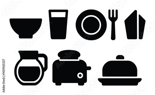 Kitchen essentials icon set – filled style culinary, cooking, and utensils symbols for culinary design: bowl, glass, plate, fork, napkin, coffee pot, toaster, food cover.