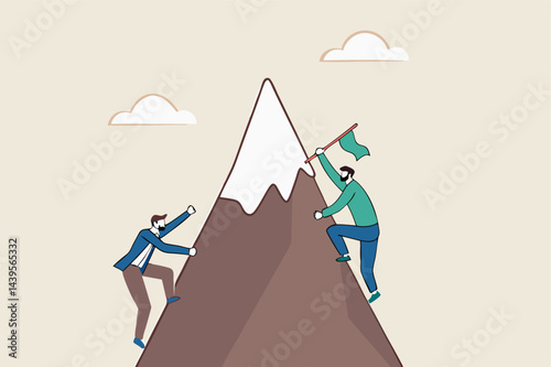 Business competition, businessman compete to win and reach success goal, challenge or career achievement concept, businessmen competitor climb up mountain to put winning flag at the mountain peak.