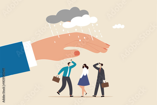 Employee care benefit, worker insurance or protection, boss or manager to protect team and colleagues, leader or boss to help employee concept, giant businessman hand cover team member from rainstorm.