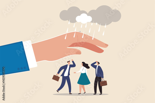 Employee care benefit, worker insurance or protection, boss or manager to protect team and colleagues, leader or boss to help employee concept, giant businessman hand cover team member from rainstorm.