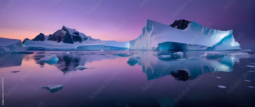 Antarctic glaciers glowing softly violet under fading twilight over calm frozen seascapes. Extremely detailed high resolution illustration.