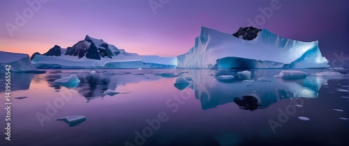 Antarctic glaciers glowing softly violet under fading twilight over calm frozen seascapes. Extremely detailed high resolution illustration.