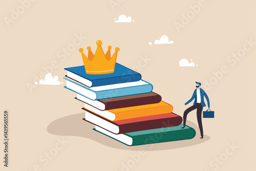 Education or knowledge steps to success, learning or study for skill development to achieve business success concept, businessman step up on stack of books as staircase to achieve crown at the top.