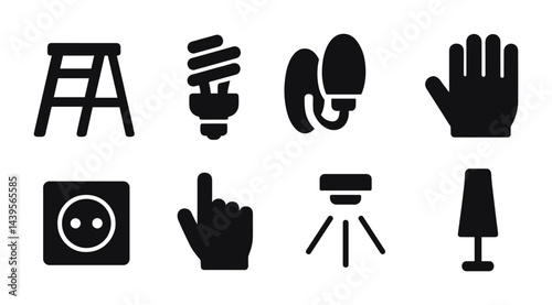 Home essentials solid icons set – silhouette style for interior accessories and daily tools: ladder, lightbulb, gloves, hand, outlet, finger point, tripod, lamp