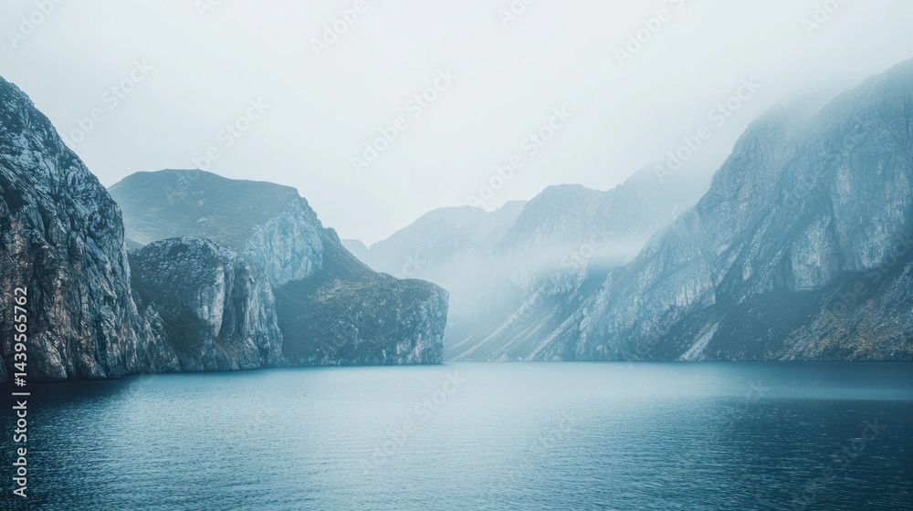 Naklejka premium Misty mountains with rugged cliffs and a calm lake on white background.