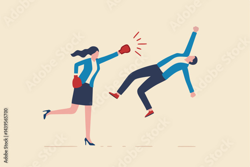Success businesswoman winning business competition, woman leadership or challenge to overcome or defeat enemy concept, strong confidence businesswoman leader punch a businessman to knockout winning.