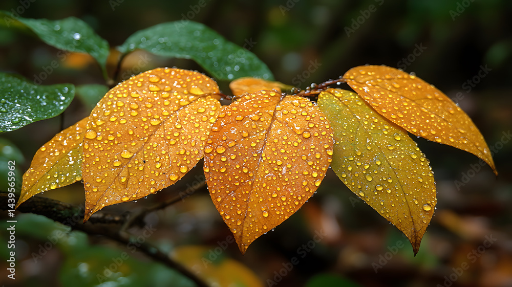 Autumnal Leaves: Delicate autumn leaves are adorned with glistening water droplets, showcasing the vibrant colors of the season. Autumnal Leaves: Delicate autumn leaves are adorned with glistening water droplets, showcasing the vibrant colors of the season.