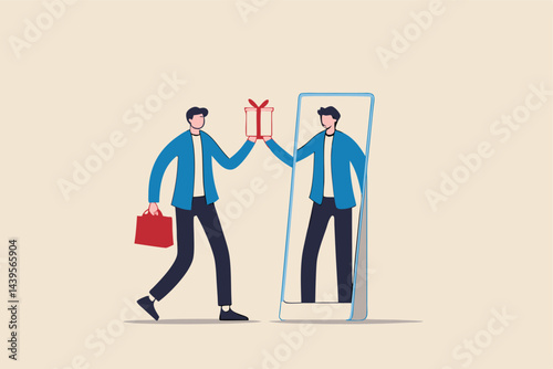 Reward yourself when success or achieve personal goal to increase motivation and inspiration, celebrate victory or winning concept, businessman get reward from himself in the mirror for self motivate.