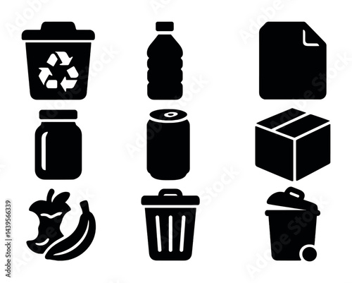 Waste management recycling icons – solid style eco-friendly, sustainability symbols for environmental awareness: recycle bin, water bottle, paper file, compost, trash can.