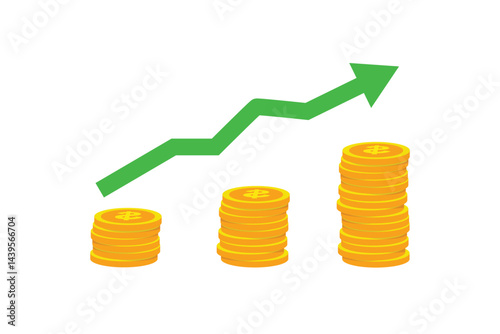 Financial growth with green arrow and increasing coins. Economic success concept. Vector flat design isolated