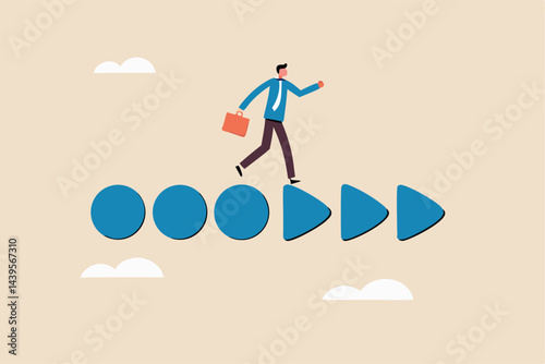 Business transformation change or develop into new company, improvement plan, progress or growth concept, confidence businessman business owner walk on circle transform to triangle forward arrow.