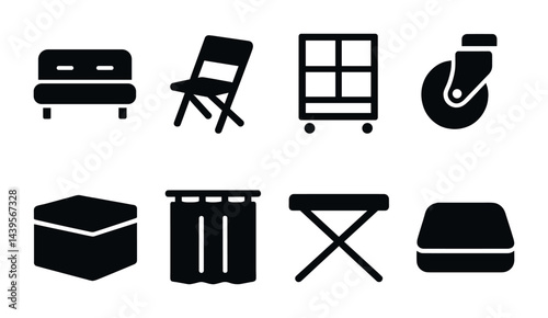 Home furniture solid icons set – bold style interior, decor, and living space symbols for design projects: sofa, chair, bookshelf, caster, ottoman, curtain, table, mattress.