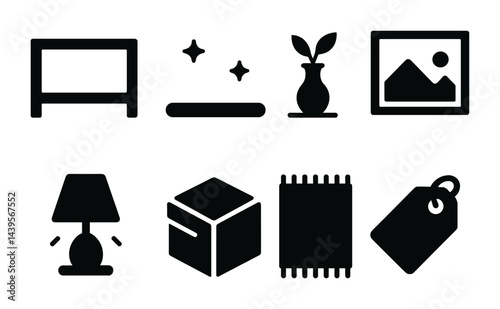 Home decor solid icons set – filled style interior, design, and furnishing symbols for home improvement: furniture, plant, art frame, lamp, vase, tag, rug.