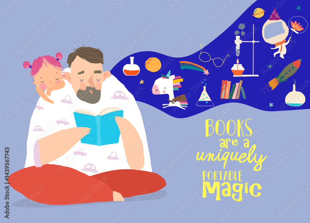 Cute Cartoon Father wearing Pajamas reading Book with His Daughter