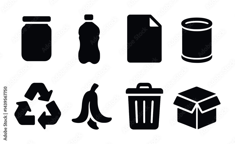 Recycling and waste management solid icons set – flat style eco-friendly, sustainability, and conservation symbols for environmental awareness: jar, bottle, paper, can, recycle, banana peel, trash