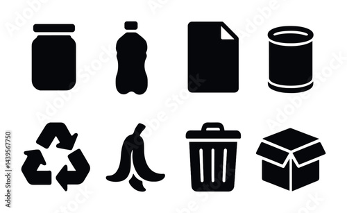 Obraz na płótnie Recycling and waste management solid icons set – flat style eco-friendly, sustainability, and conservation symbols for environmental awareness: jar, bottle, paper, can, recycle, banana peel, trash w salonie