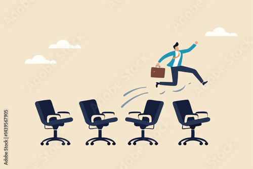 Job hopping, change many jobs in short time, move to new better career or position, cheerful businessman candidate jumping from office chair to new office metaphor of often changing job.