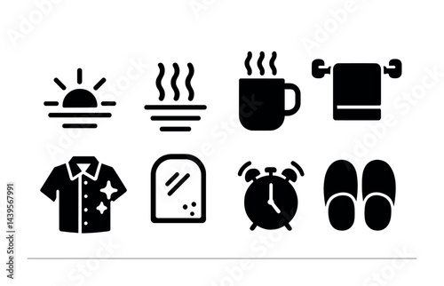 Morning routine solid icons set – filled style daily habits, wellness, and relaxation symbols for personal time: sunrise, steam, coffee mug, towel, shirt, mirror, alarm clock, slippers.