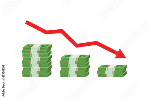 Decreasing money stack with red arrow. Financial loss and decline concept. Vector flat design isolated