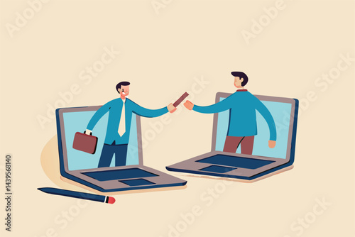 Outsourcing hiring outside worker to perform service, pass or transfer work to other team, remote work or telework concept, businessman boss pass or relay baton to outsource team to work remotely.